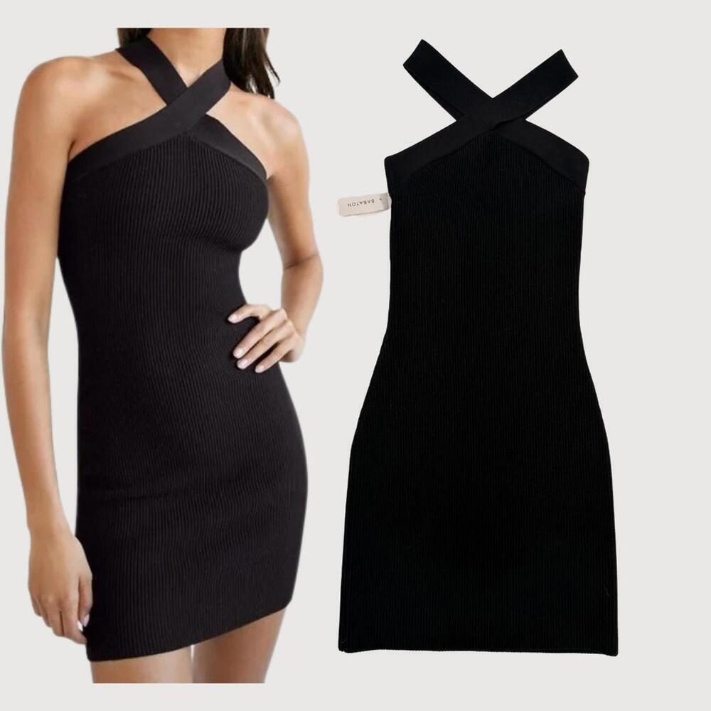Babaton Sculpt Knit Criss Cross Halter Dress Black 2XS NWT